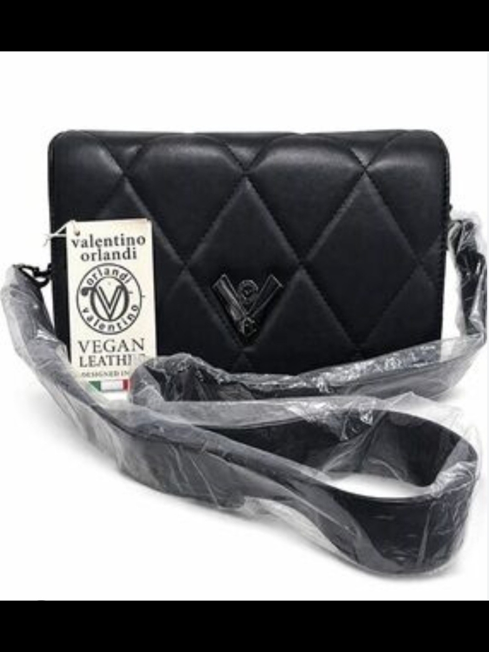 Orlandi Valentino Black Quilted Vegan Leather Crossbody Bag NWT Gunmetal